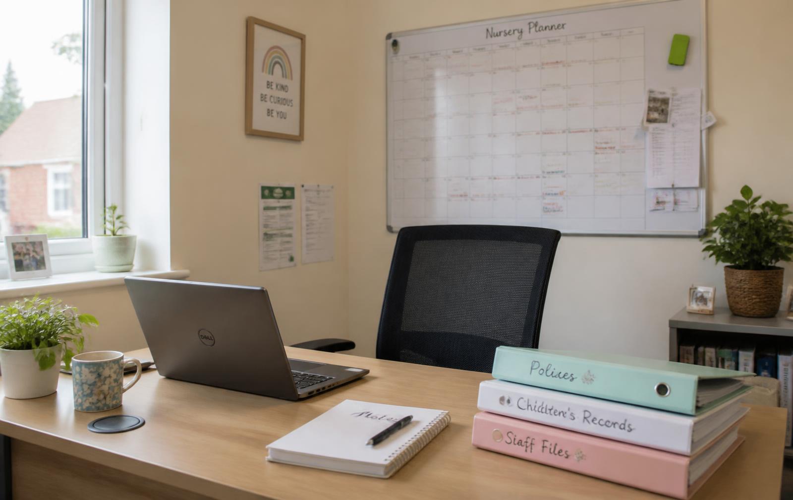 A nursery manager's desk with a laptop, a printed rota and a mug, in a small office off the main corridor.