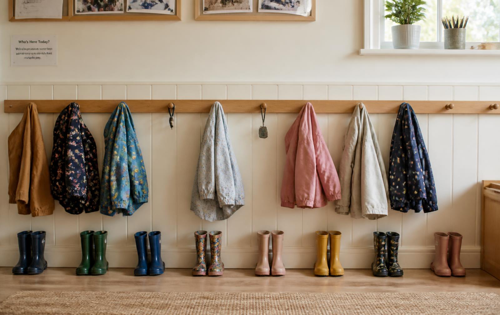 A nursery cloakroom with named pegs, wellington boots lined up underneath and coats hung at child height.