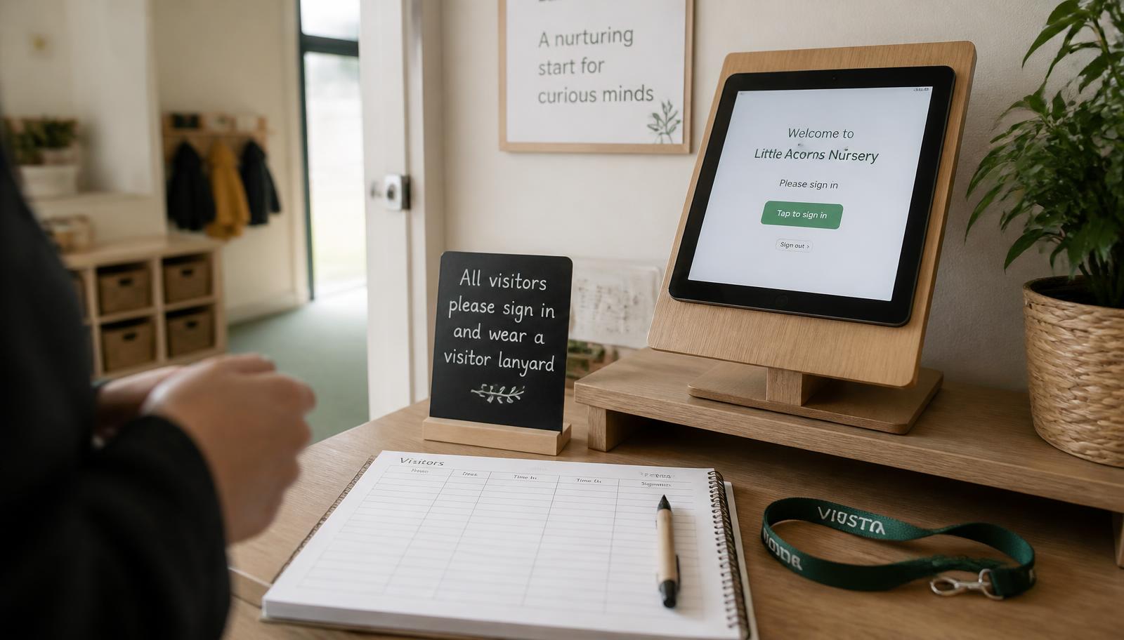 A nursery entrance with a sign-in tablet on a low unit, coats on pegs and a door to the main room beyond.