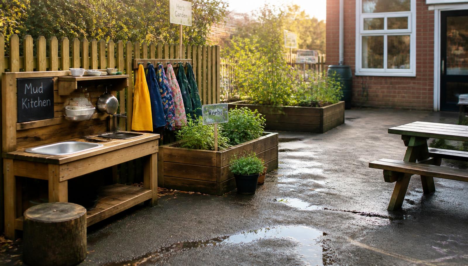 A nursery garden with a wooden mud kitchen, waterproof coats on hooks and raised herb planters after rain.