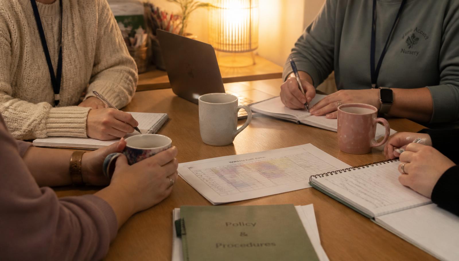 A small group of nursery staff sitting around a table in a staff room, talking with notes and a laptop in front of them.